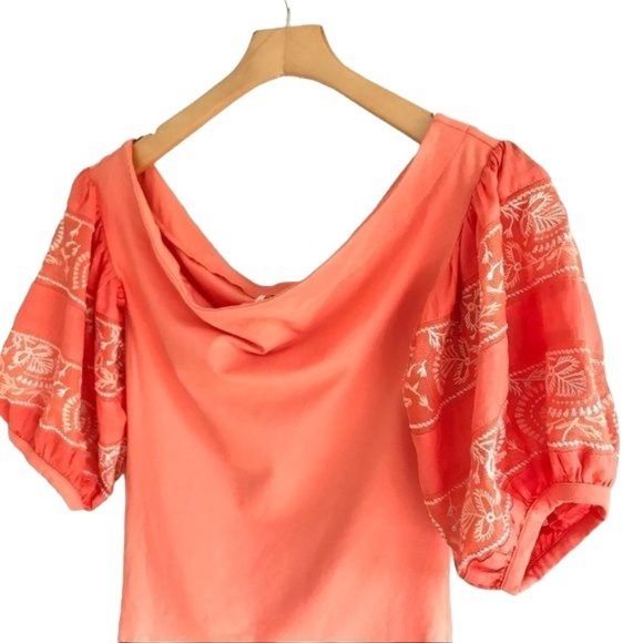 Free People Coral Rock With It Embroidered Puff Sleeve Off The Shoulder Top - Picture 3 of 6